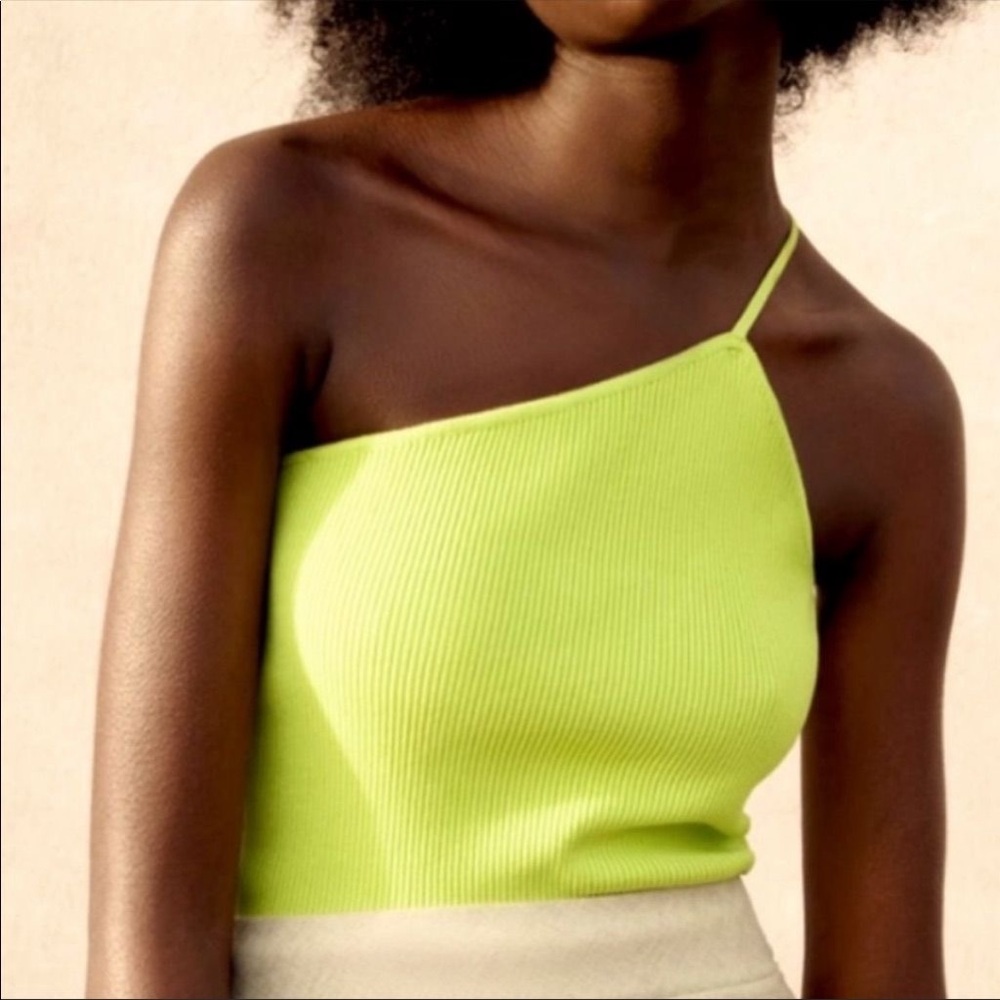 Zara Neon Lime One-Shoulder Ribbed Camisole